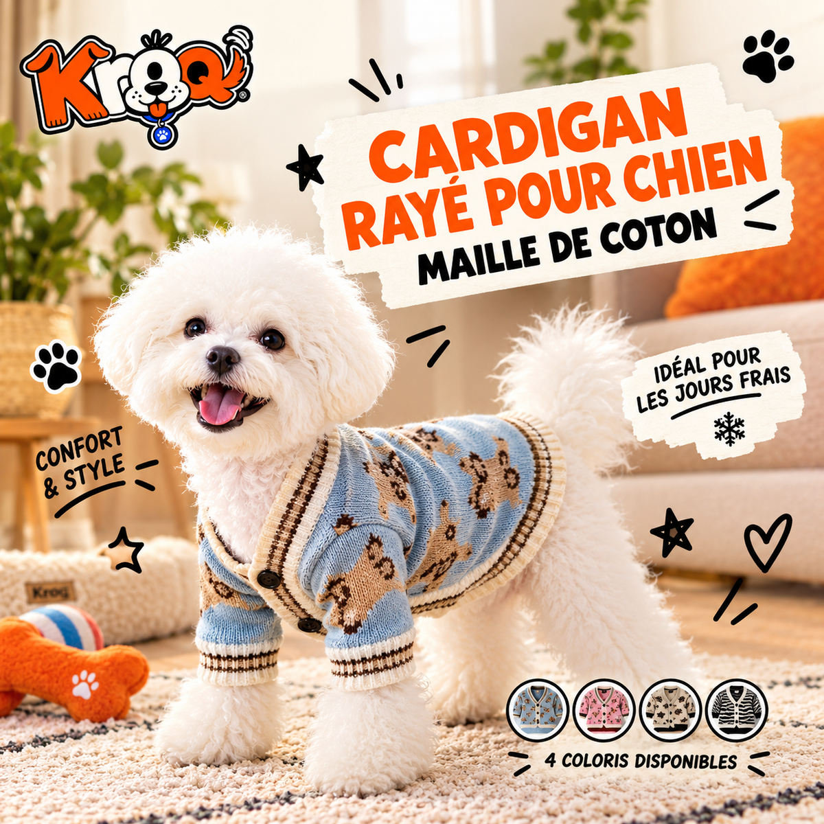 Cardigan rayé en coton pour chien Kroq – Maille de coton