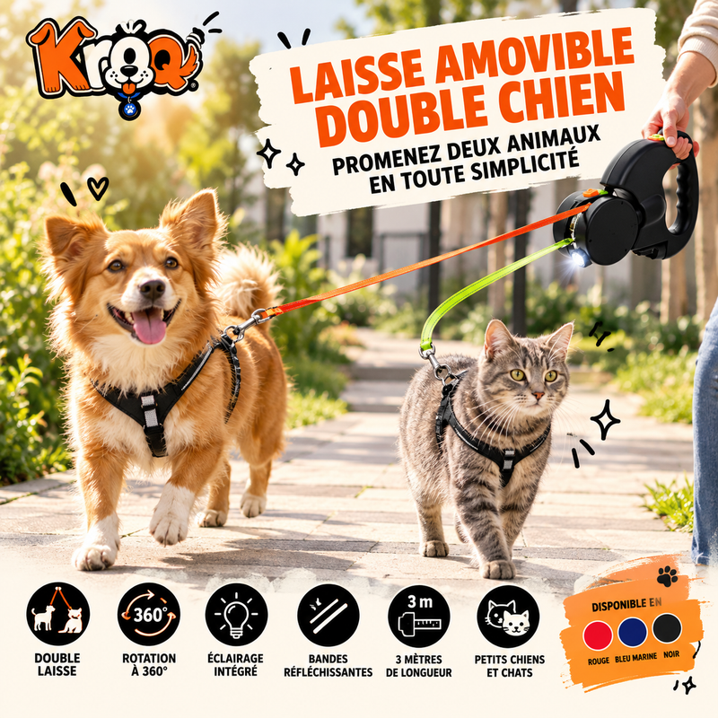 Laisse double rétractable pour chien Kroq – Éclairage LED - Kroq