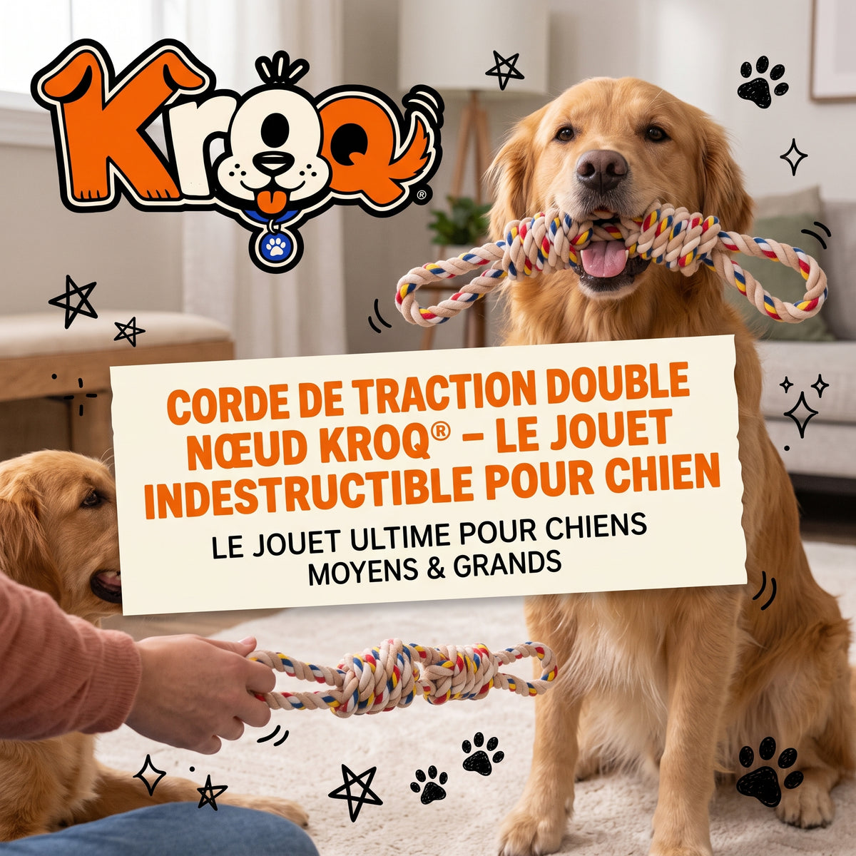 Corde de traction pour chien Kroq – Coton tressé double nœud - Kroq