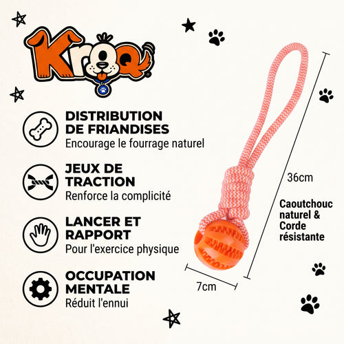 Balle à friandises avec corde pour chien Kroq – Caoutchouc naturel - Kroq