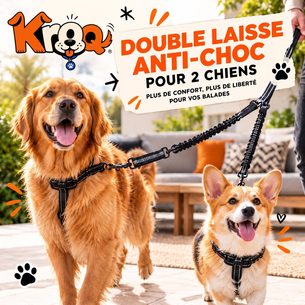Double laisse anti-choc pour chien Kroq – Sangle élastique - Kroq