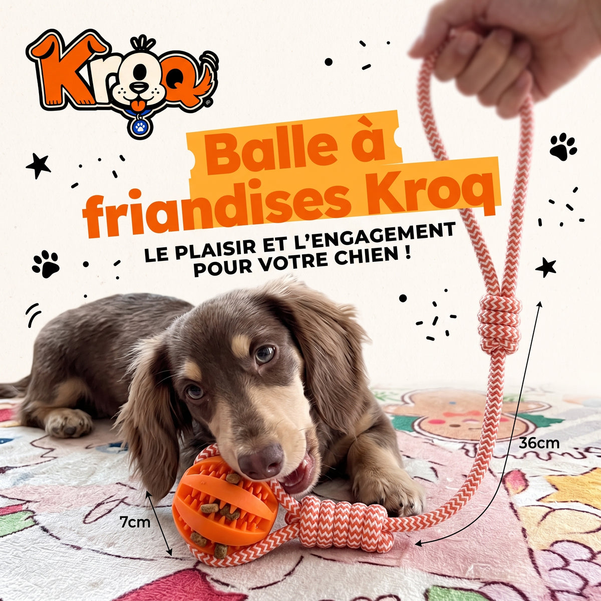 Balle à friandises avec corde pour chien Kroq – Caoutchouc naturel - Kroq